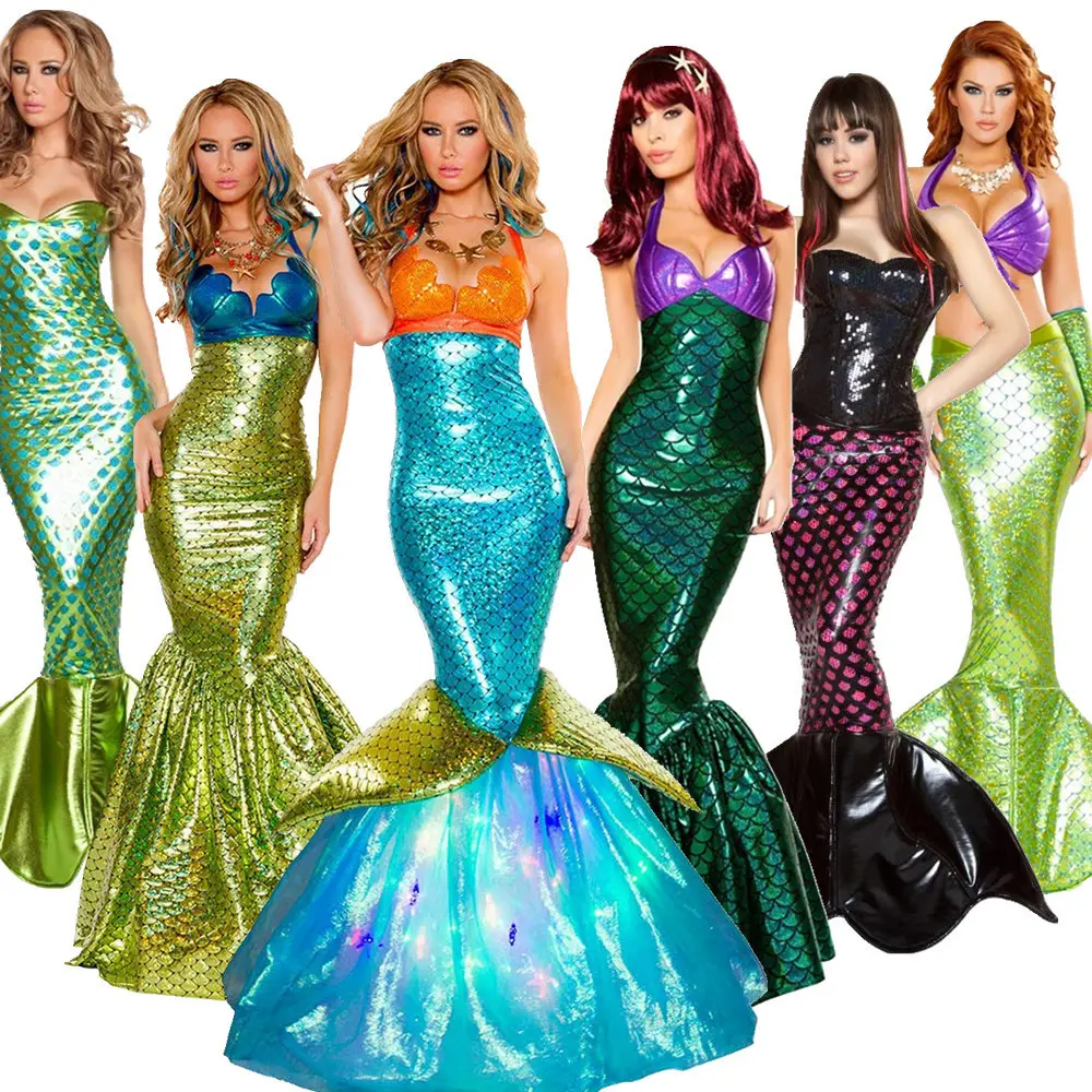 8371 Halloween Mulheres Traje Sereia Role Playing Trajes Sexy Strapless Evening Performance Vestidos