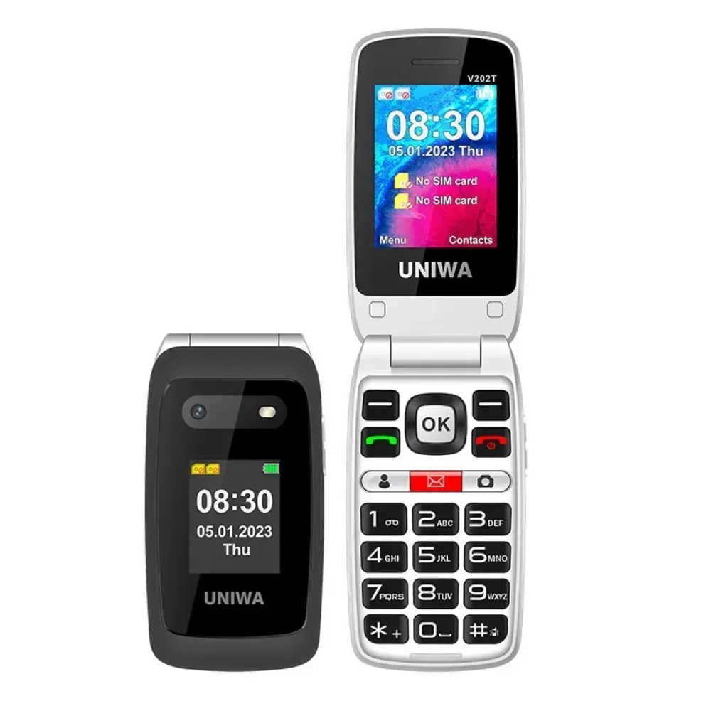 UNIWA V202T 4G флип-телефон для пожилых людей с двойным экраном 2,4 дюймов кнопка экстренного вызова 1450 мАч Большой кнопочный мобильный телефон