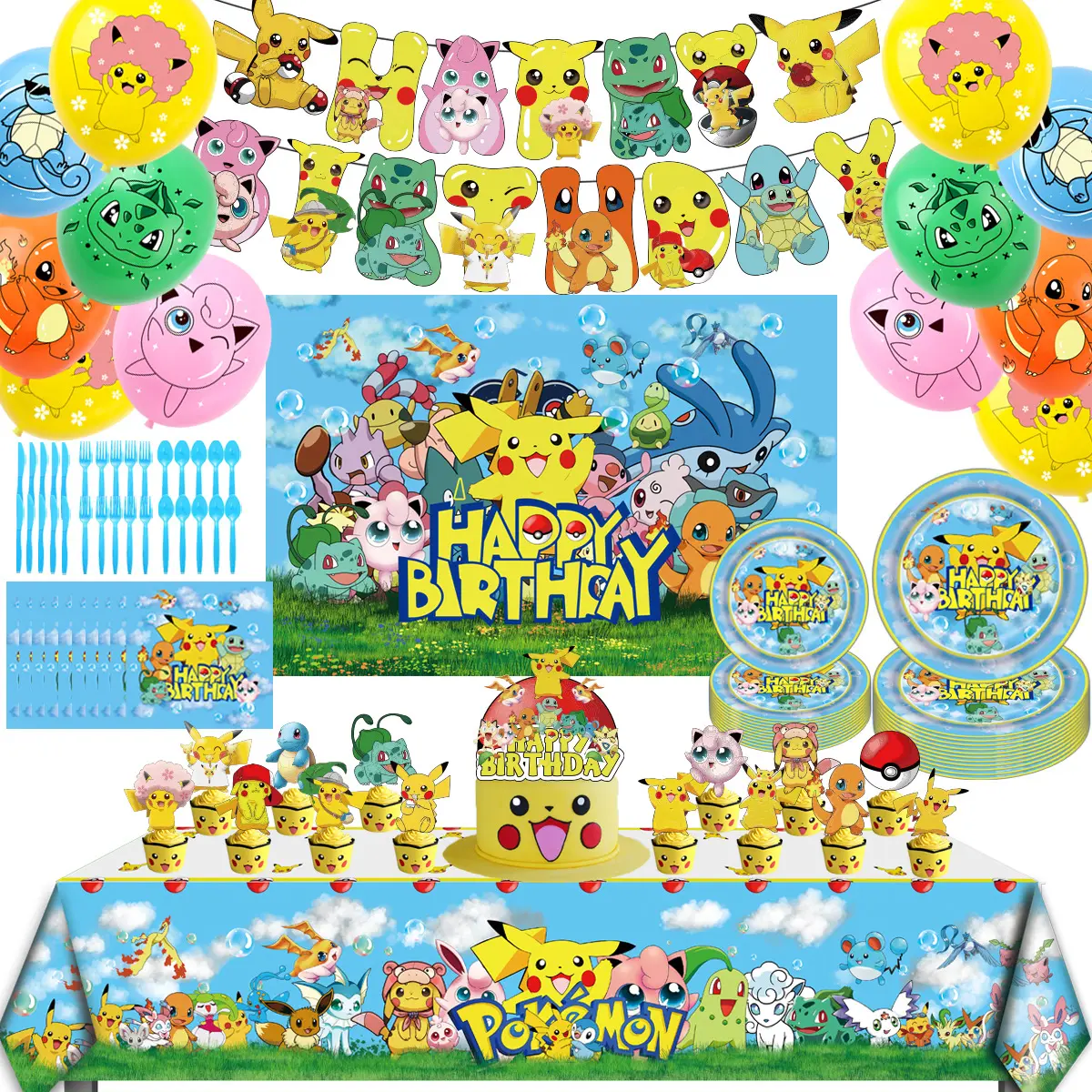 Dessin animé jeu thème bannières décoration de gâteau ballons toile de fond enfants Anime Pikachu fête fournitures faveur anniversaire décorations K0122