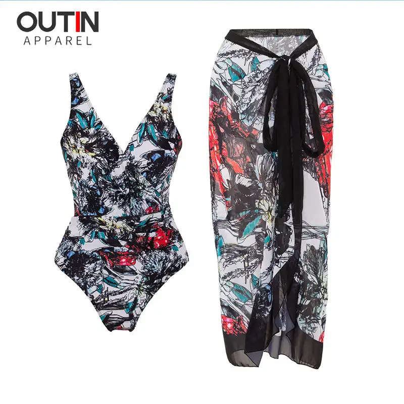 Trajes de baño de lujo con estampado para mujer, traje de baño de una pieza de talla grande sin espalda, conjunto de falda larga para playa