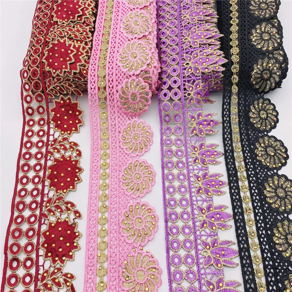 Pedras de strass bordadas florais, renda bordada, fita de laço, guarnição, crochê, aplique para vestido de casamento