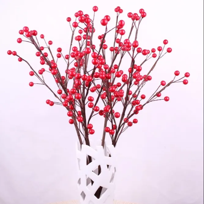 Spray de morango artificial em vermelho, laranja, hastes florais para arranjo de flores, natal