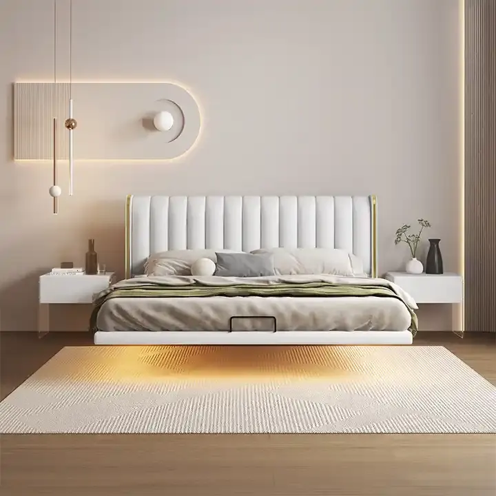 Tipo italiano Diseño simple Modelo Cama para muebles de dormitorio cama suspendida con luz LED Marco de cama doble king size