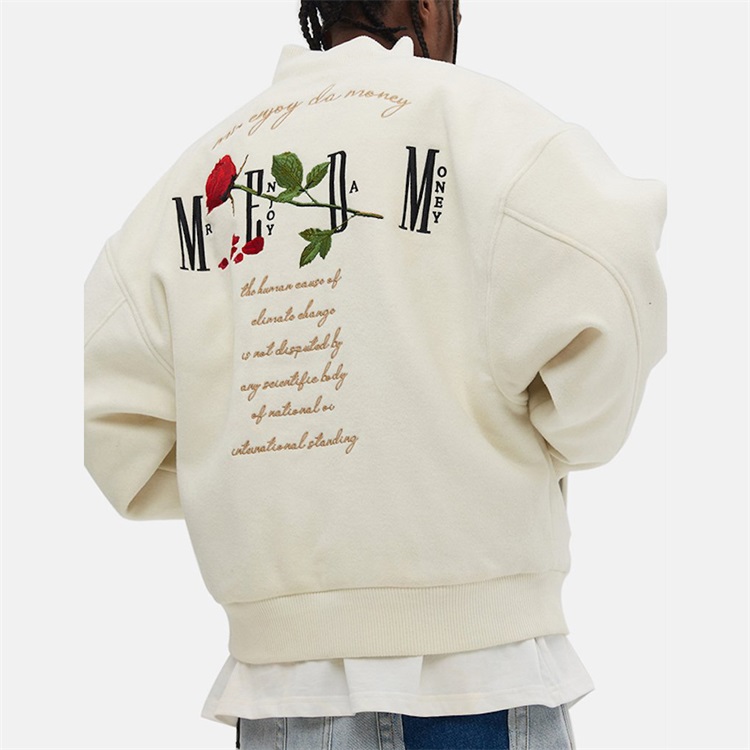 OEM Custom Embroidery Varsity Jackets Winter 100% Wool Rose Fleece Letter Bomber Jacket 5