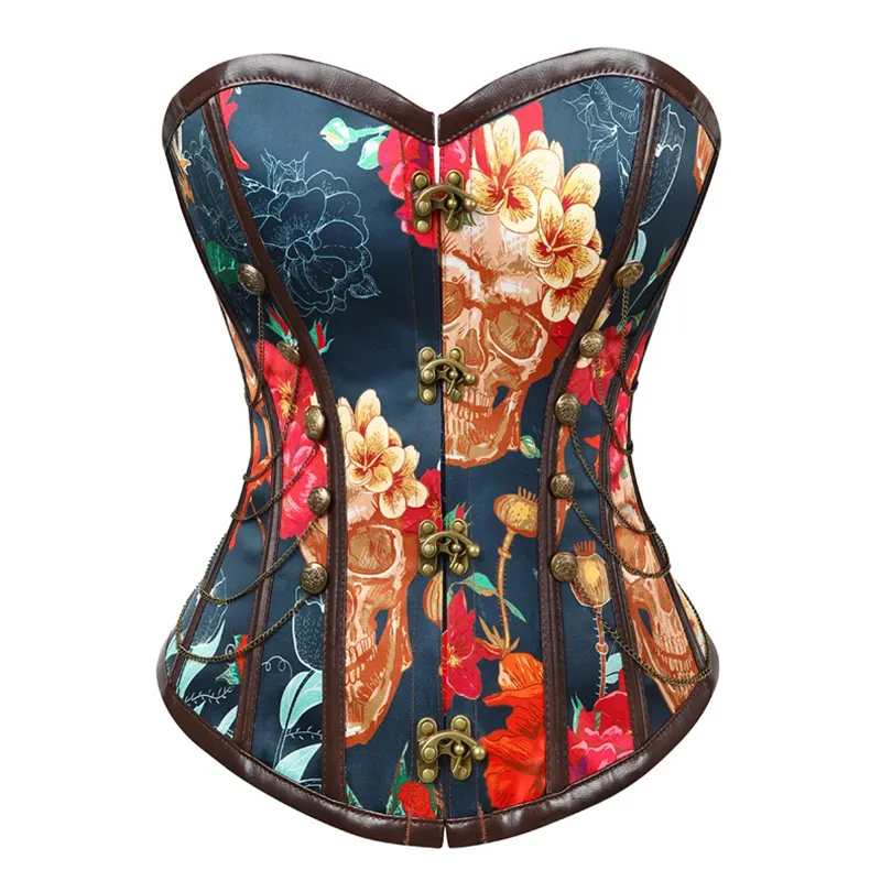 Steampunk Corsetti Fiore Stampato Corsetto Vintage Parti Superiori Più Bustier Catene Decorato Bone Corsetto Del Partito Mostra del Costume di Cosplay