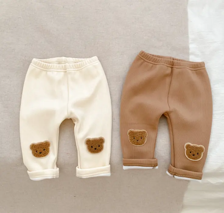 Invierno otoño algodón tejido 2X2 Rib niños Legging niños bebé niña medias y calcetines con oso de peluche