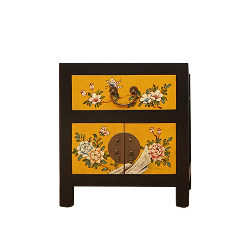 Traditional Antique Chinese-Style Hand Painted Bedroom Nightstand Elm Wood Living Room Cabinet Furniture for Home or Hotel Use