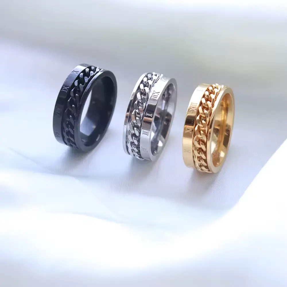כריס אפריל במלאי תכשיטי אופנה PVD בציפוי זהב 316L נירוסטה חרדה טבעת פידג'ט מספרים רומית טבעת להקת שרשרת