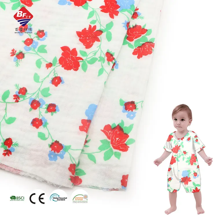 100% algodão de impressão dupla crepe tecido de algodão confortável flor design para bebê swaddle roupas sleepwear