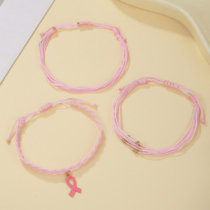Pulseira Cordas Consciência Câncer de Mama Set - 3 Pack - Pink Metal Ribbon Charme Fita Consciência Pulseira Pulseira Cordas