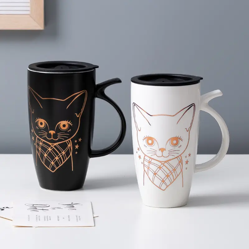 Caneca criativa fofa para gatos Maimai, xícara de café de grande capacidade para escritório, personalidade doméstica, xícara de cerâmica simples, com tampa, com água