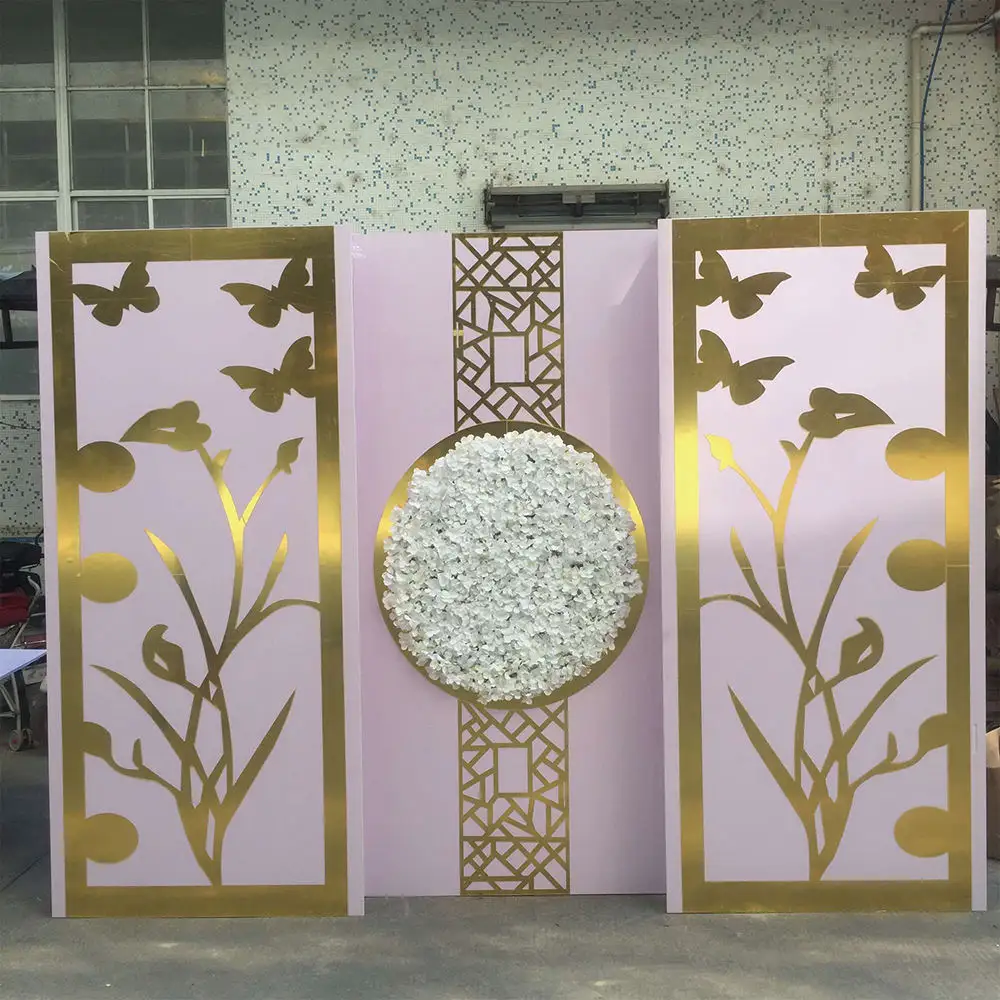 New Design Rectangle Elegant Gold PVC Acrylic Flower Stand Backdrop Stage Flower Backdrop for Wedding  Party Decorations