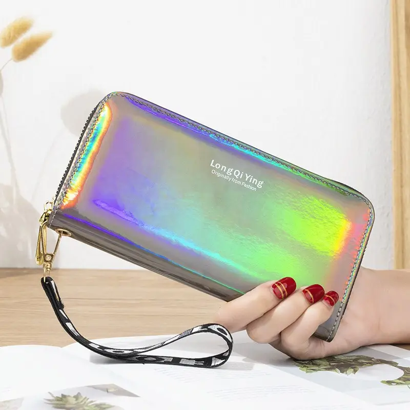 Cartera holográfica de estilo largo para mujer, cartera holográfica de PVC con láser para estudiantes, OEM, gran oferta, venta al por mayor