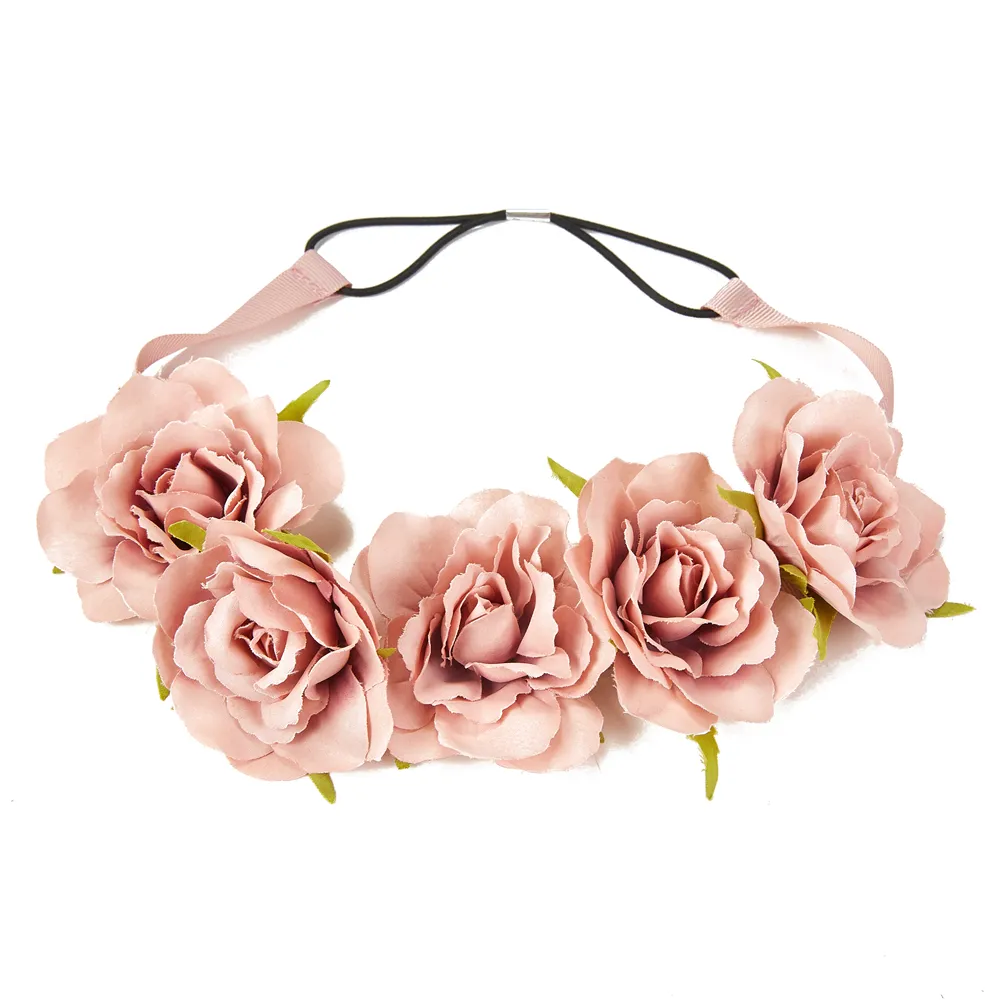 Novo design de guirlanda de flores de fadas princesa elegantes de ambiente rosa, coroa de flores de fibra de cabelo para festas de casamento, com rosas artesanais