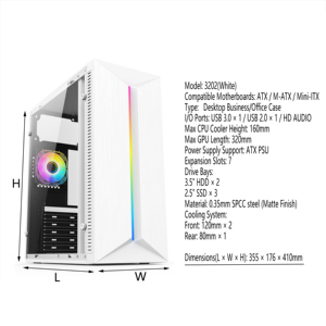 White Multi-Storage Office PC <strong>Case</strong> 0.35mm SPCC Steel 2xHDD/3xSSD Bays 320mm GPU 7 PCI Slots &amp; USB3.0 for ATX/M-ATX Workstation - Product Image 2