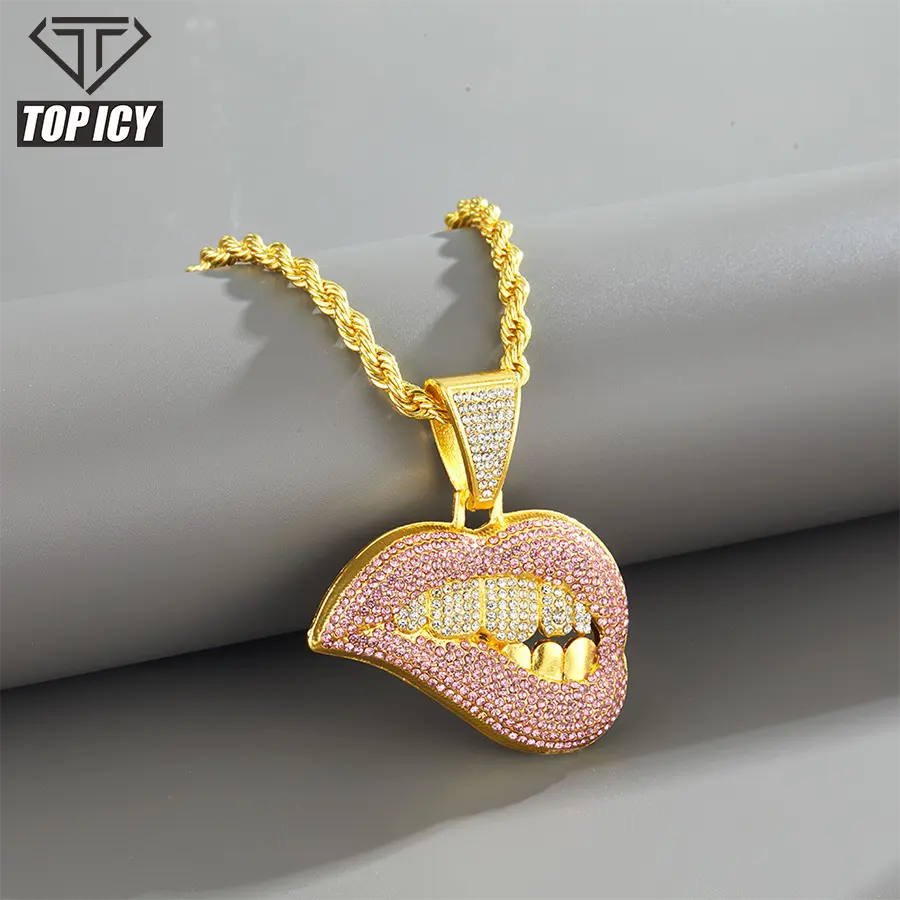 Moda di alta qualità in oro freddo labbra d'argento ciondolo collana catena gioielli Hip Hop catena ghiacciata con pendente