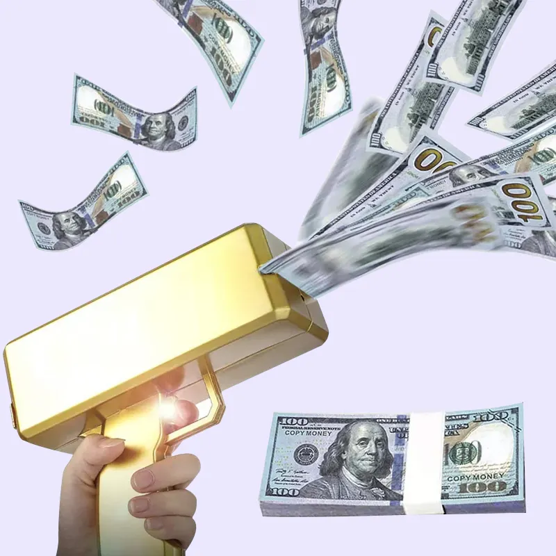 Pistola de dinero personalizada con dólares de los Estados Unidos, superpistola de tiro, pistola de juguete dorada