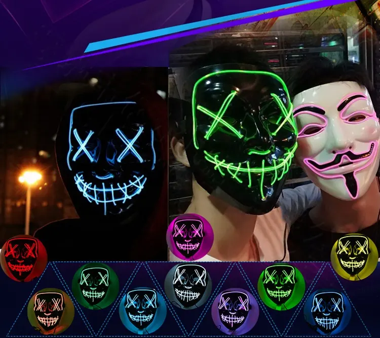 Venta caliente 2024 Máscara de fiesta brillante de Halloween Palabras negras Máscaras LED de Halloween