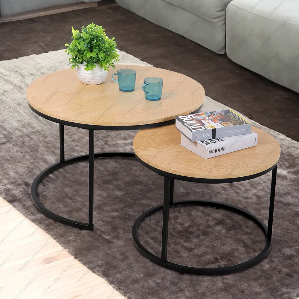 Empilhamento De Aço Pequena Mesa De Café Redonda Sala De Estar De Madeira Top Metal Frame Nesting Side Table Set De Duas Mesas De Café Modernas