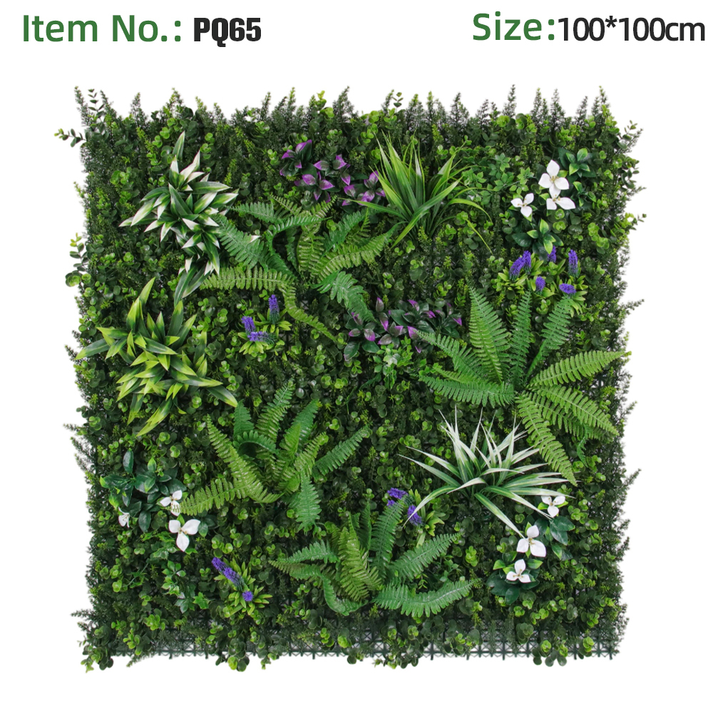 Mur végétal artificiel avec feuillage de fougère florale blanche et violette