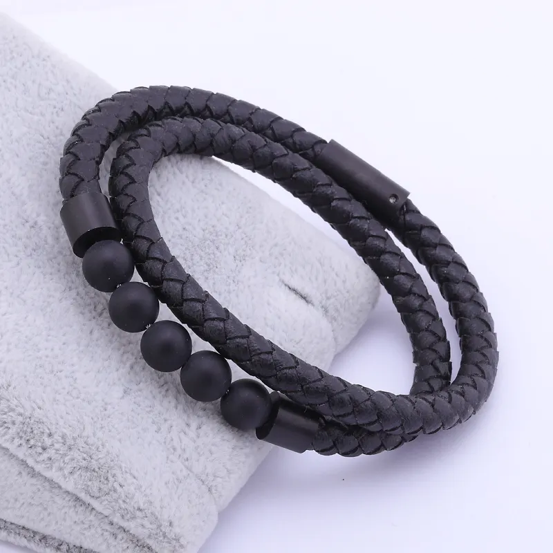 Pulsera de cuero con broche de Metal y acero inoxidable para hombre, nuevo estilo