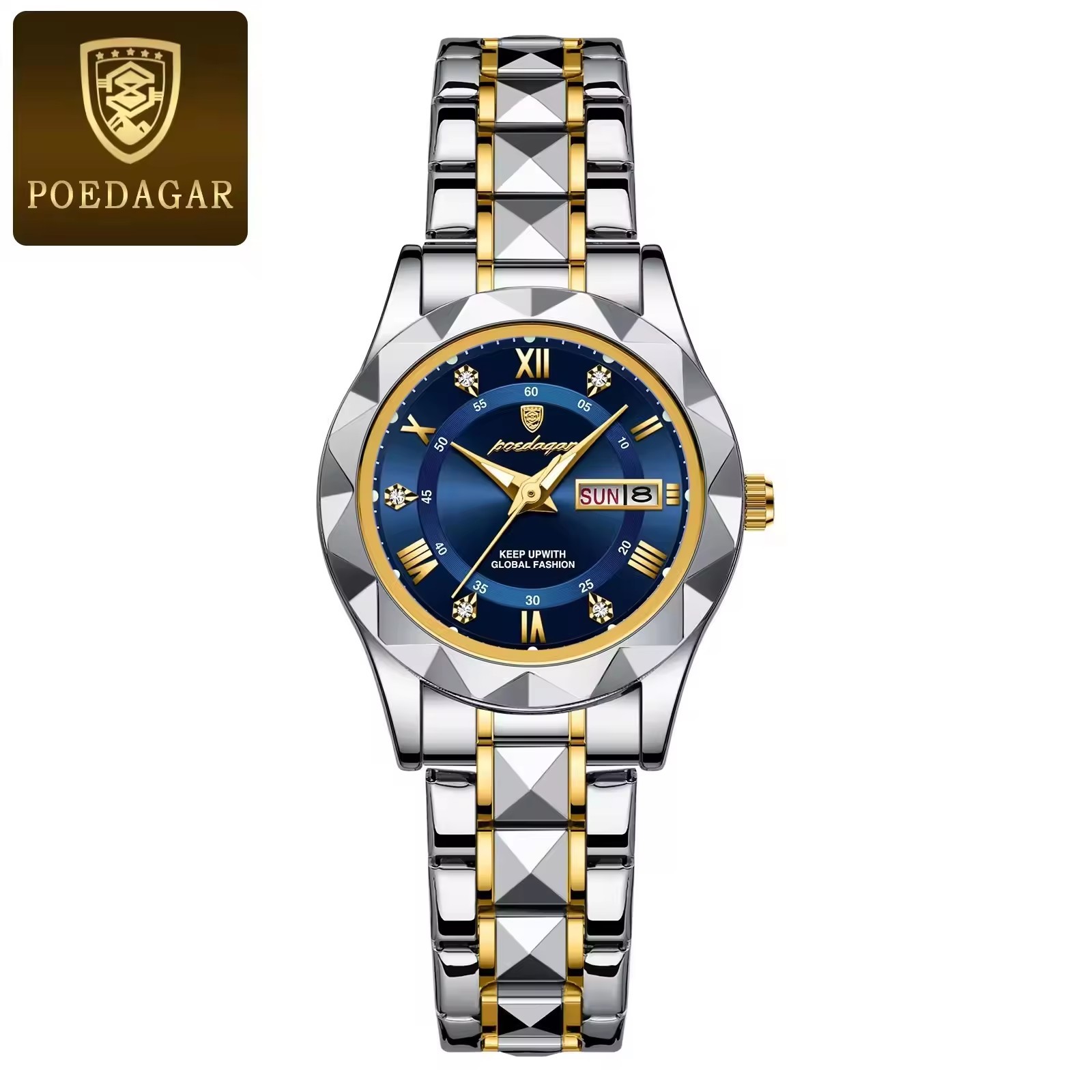 blue dial silver gold strap