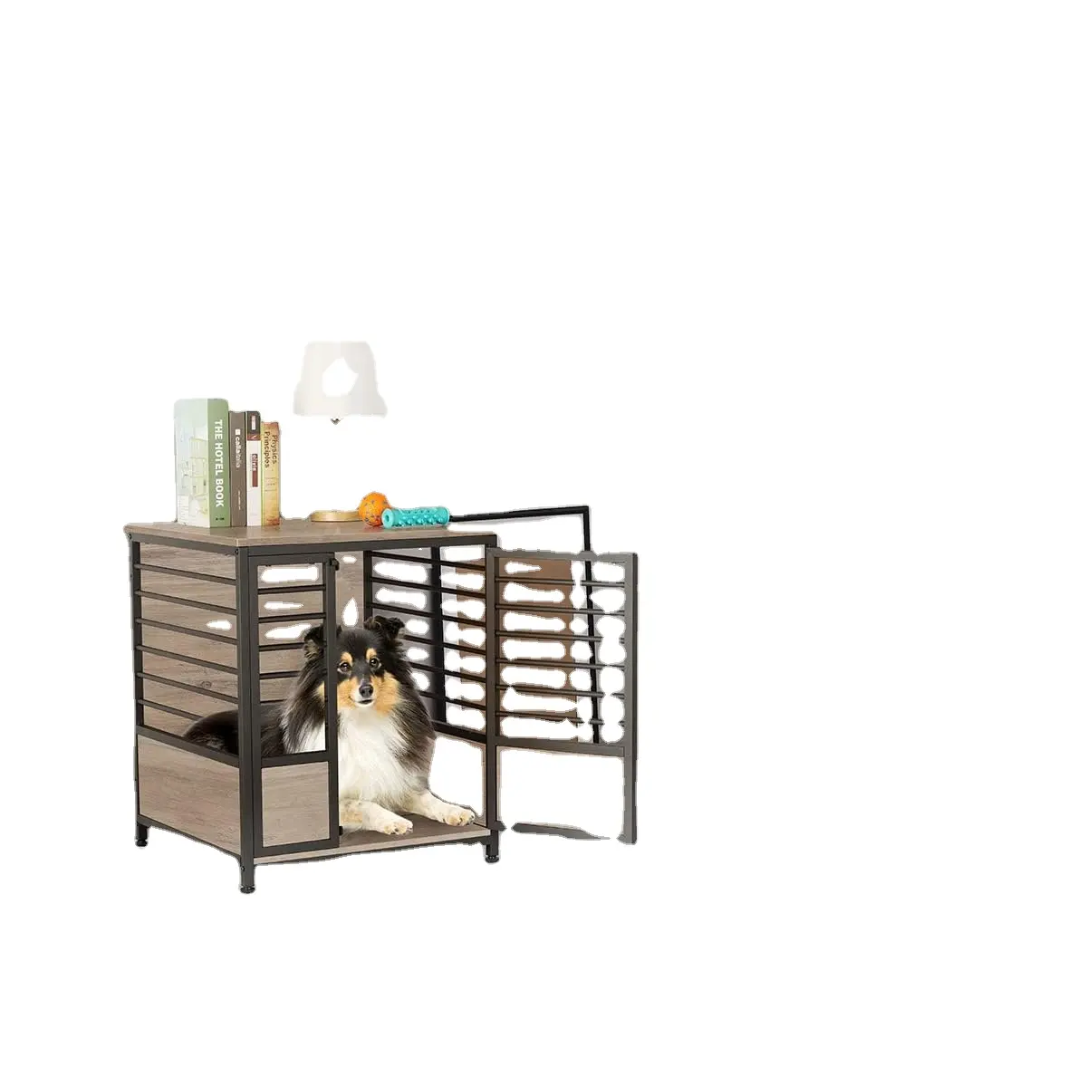 Wooden heavy dog cage side table, indoor dog kennel, decorative style steel pipe structure pet box house