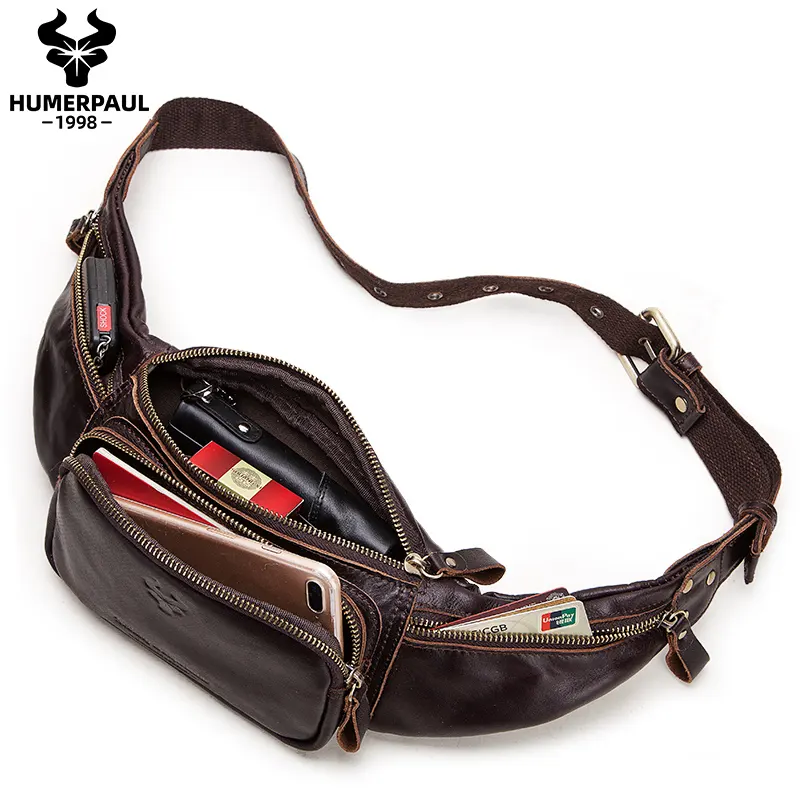 Fabricante HUMERPAUL, venta al por mayor, bolsa deportiva de alta calidad personalizada, bolso de cintura impermeable de cuero genuino Vintage para hombres