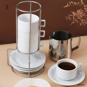 定制陶瓷可堆叠浓缩咖啡杯4件3盎司陶瓷可堆叠咖啡杯和茶碟套装，带架 - Product Image 1