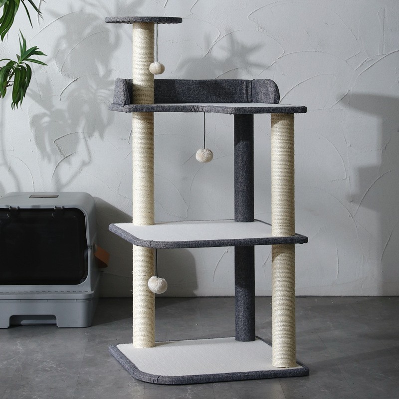 Striped Carpet Three-Tier Climbing Shelf - Gray and White