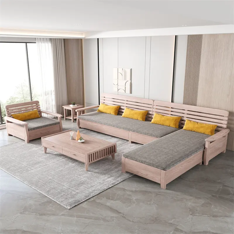 Moderno Lujo Barato muebles para el hogar Sala de estar Gris Marco de madera seccional 3 plazas en forma de L Sofá y reclinable Set