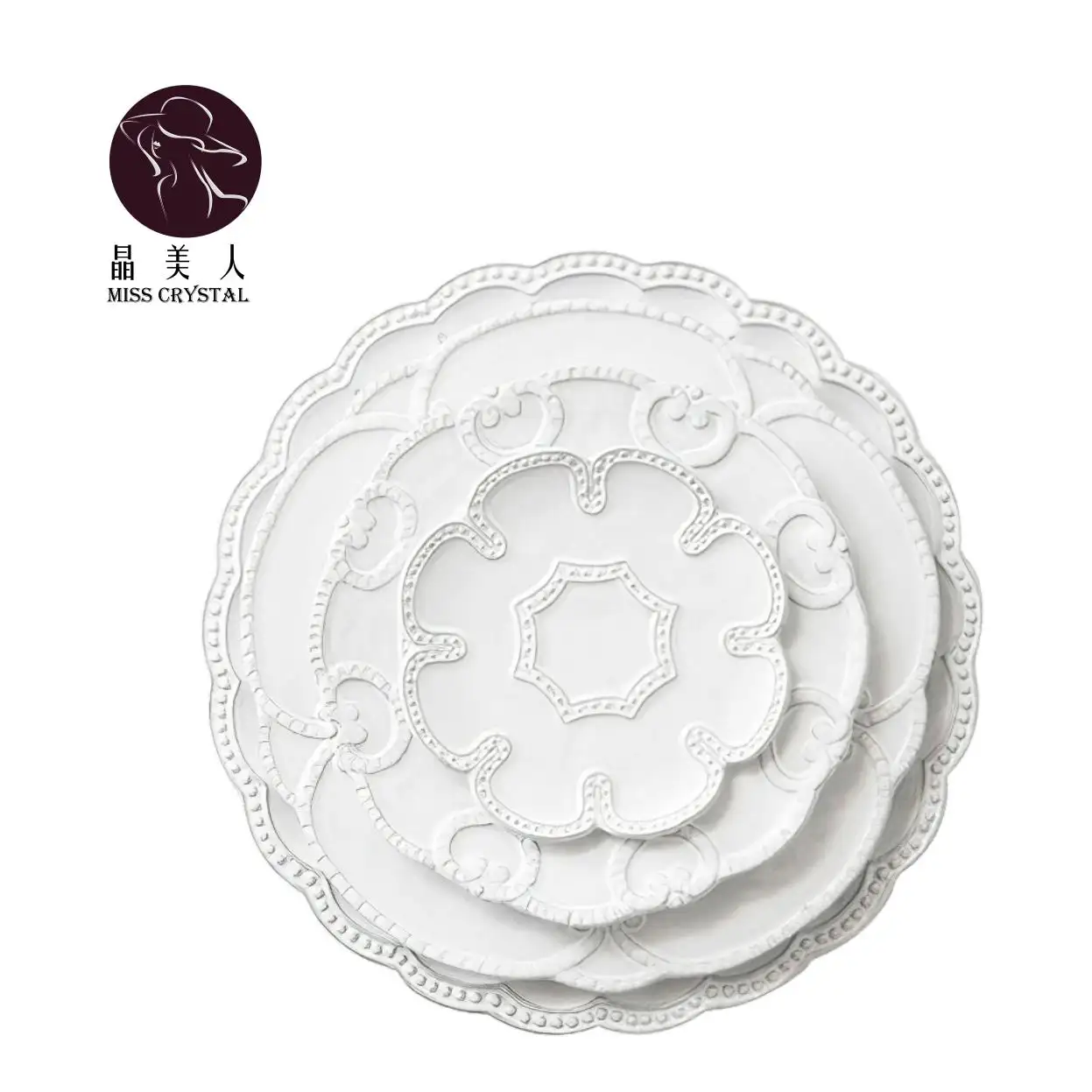 Assiette ronde en céramique blanche pure, vaisselle pour aliments français, repas principal occidentale, motif gaufré, dessert steak rond rétro en céramique blanche