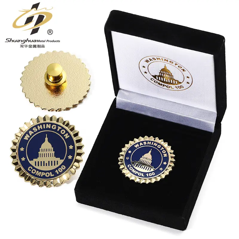 Fabricante personalizado suave duro esmalte Pin redondo chapado en oro Aleación de Zinc Metal insignia hombres de negocios solapa Pin broche con cajas de regalos