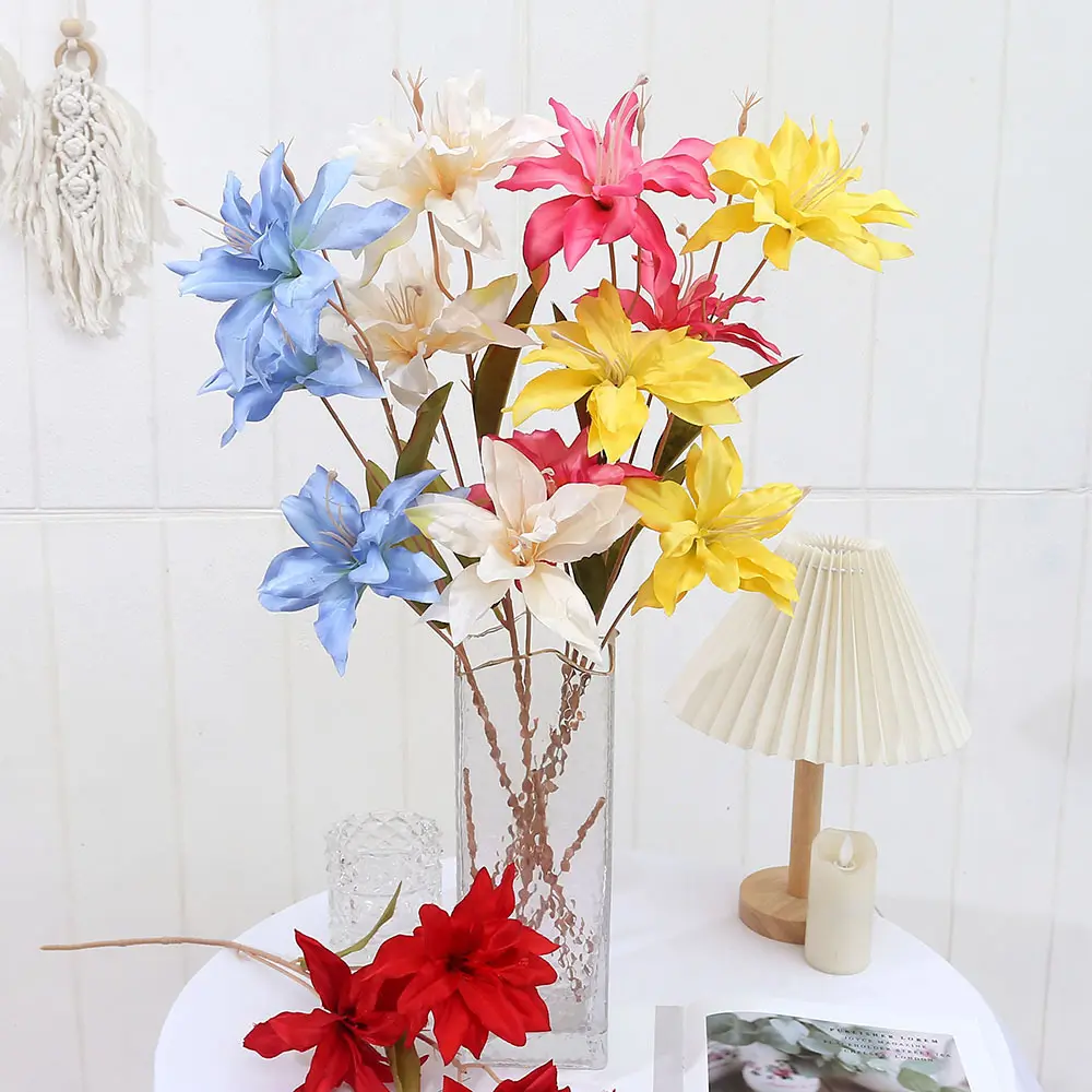 Buquê de flores artificiais coloridas para decoração de festas de casamento em casa, flor de lírio com 3 cabeças de seda real
