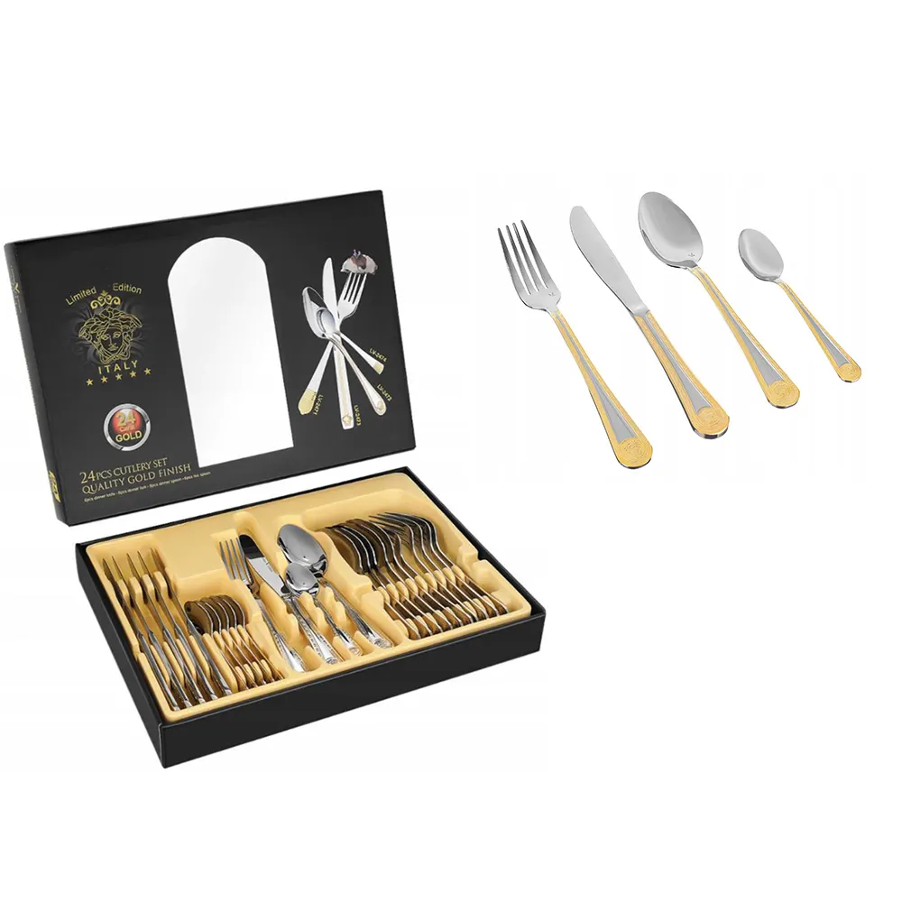 Stoviglie personalizzate 24 pezzi modern Italy medusa design forchetta dorata e argento cucchiaio e coltello set di posate con confezione regalo