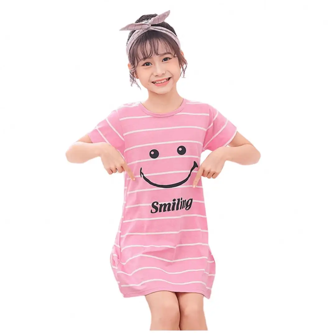 Venta al por mayor precio barato de dibujos animados dormir vestido de manga corta de verano pijamas niños niña ropa de noche niñas vestidos 2-14 años