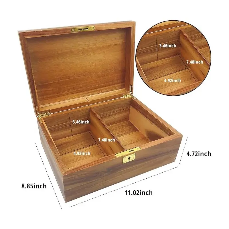 Caja de madera Caja de almacenamiento de madera decorativa grande con tapa con bisagras y llave de bloqueo Caja de cofre de recuerdo de Acacia Premium Regalo de memoria