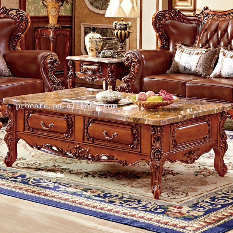 Mesa de centro de villa de estilo europeo, muebles de sala de estar, mesa de centro de lujo tallada, diseño de mesa de centro