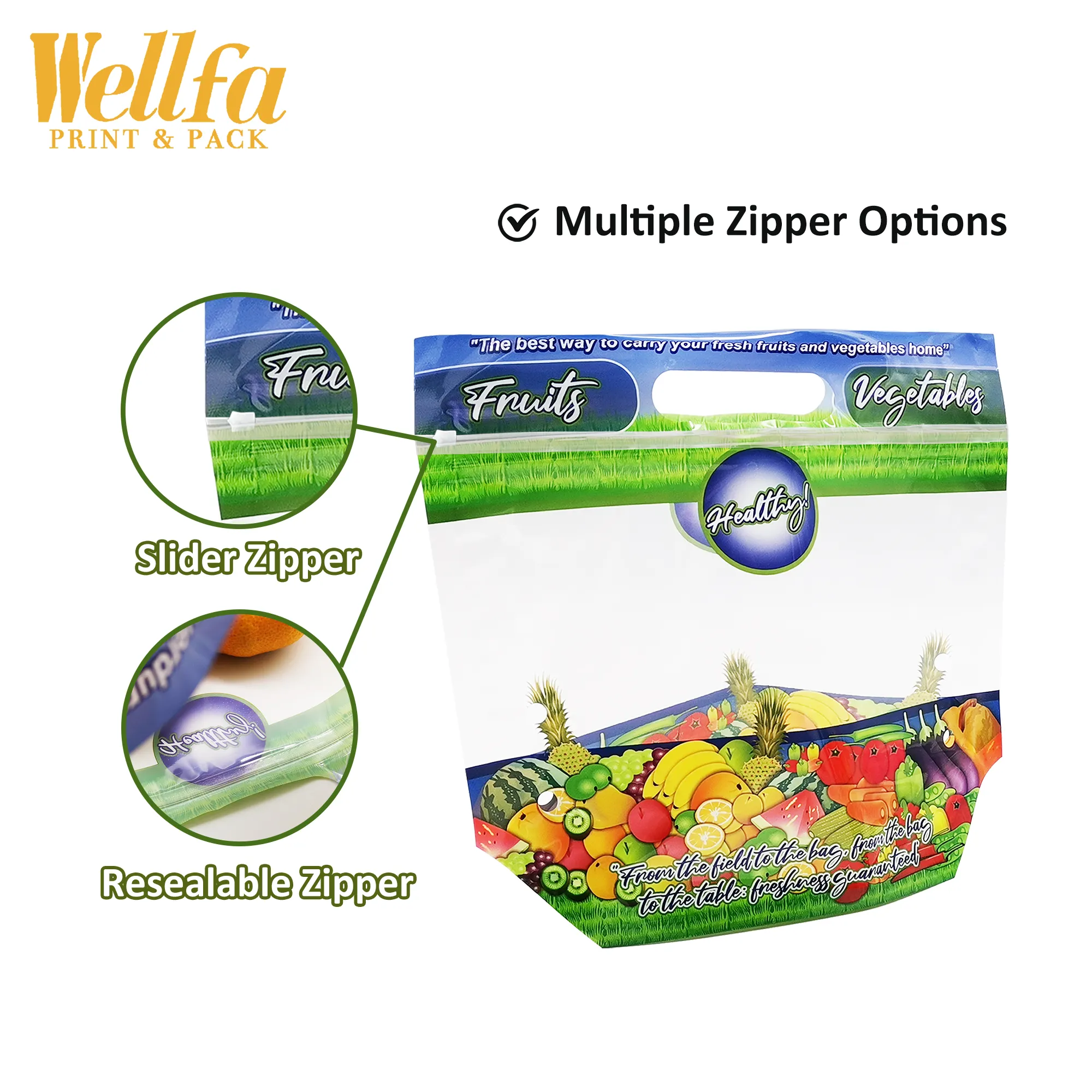 Bolsas de plástico Custom Clear Plastic Ziplock Banana Cherry Apple Grape Frozen Food Packaging Bag para frutas e vegetais