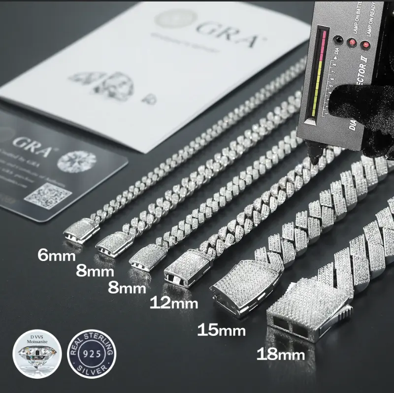 6mm-20mmパスダイヤモンドテスター925スターリングシルバーフルVvsモアッサナイトアイスアウトキューバリンクアンクレットバングルブレスレット男性女性用