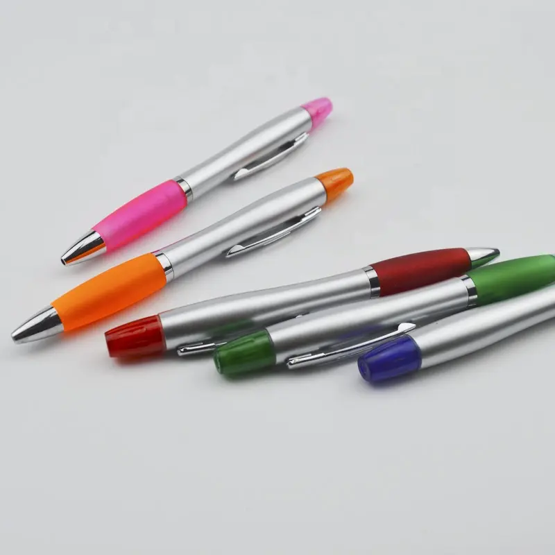 Venda quente de anúncio 2 em 1, plástico multicolor iluminador presente caneta de esfera com clipe de metal