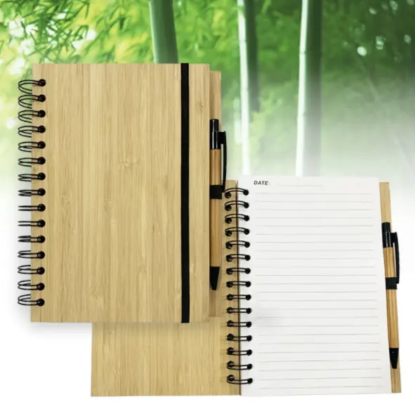 Wood grain Notepad Hot sell Customized recycled bamboo cover notebook with bandage pen holder wood notebook and pen gift sets