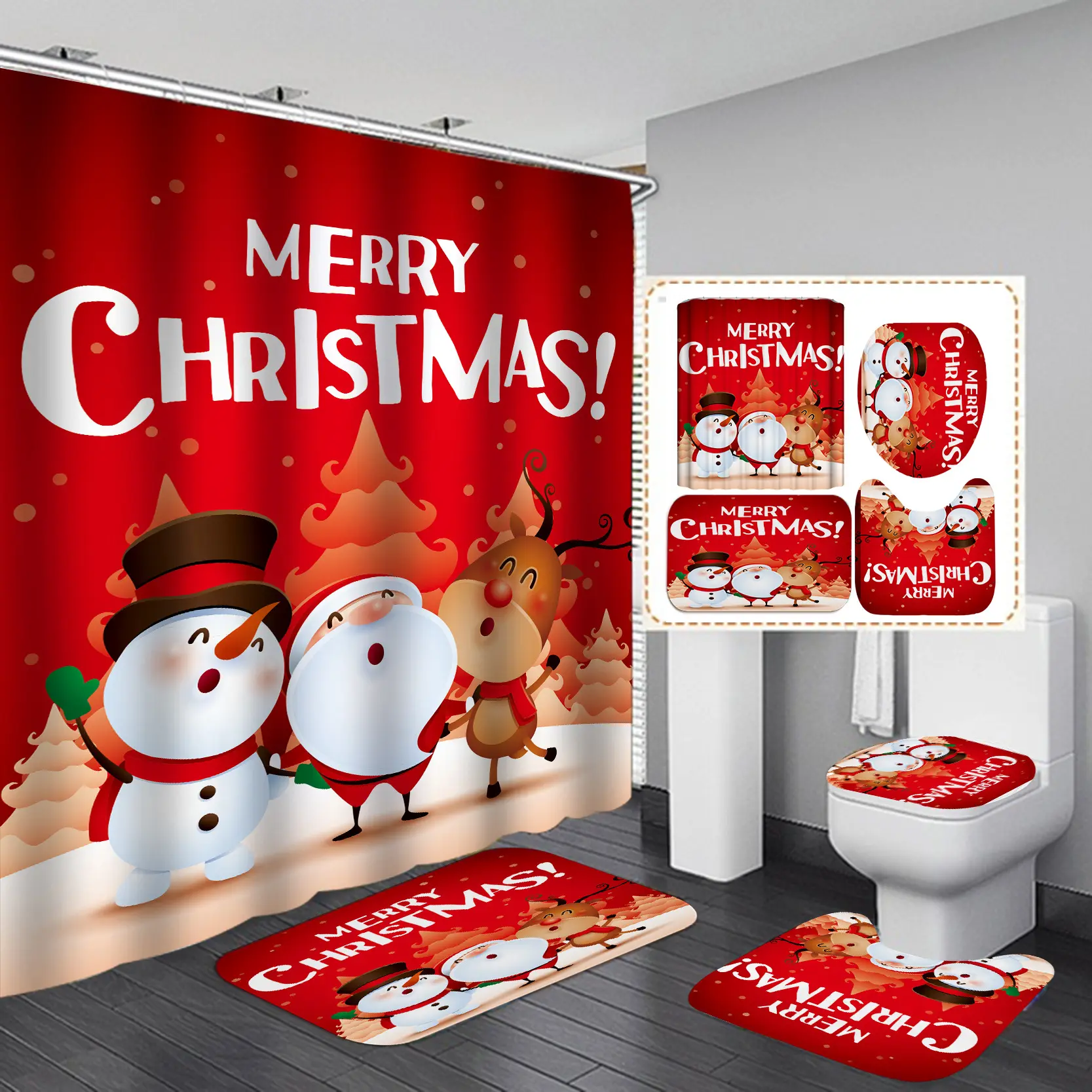 Рождественский Декор для ванной комнаты, водонепроницаемая 71x71 дюймовая душевая занавеска в комплекте с нескользящим ковриком на подставке + крышка для унитаза + коврик для ванной