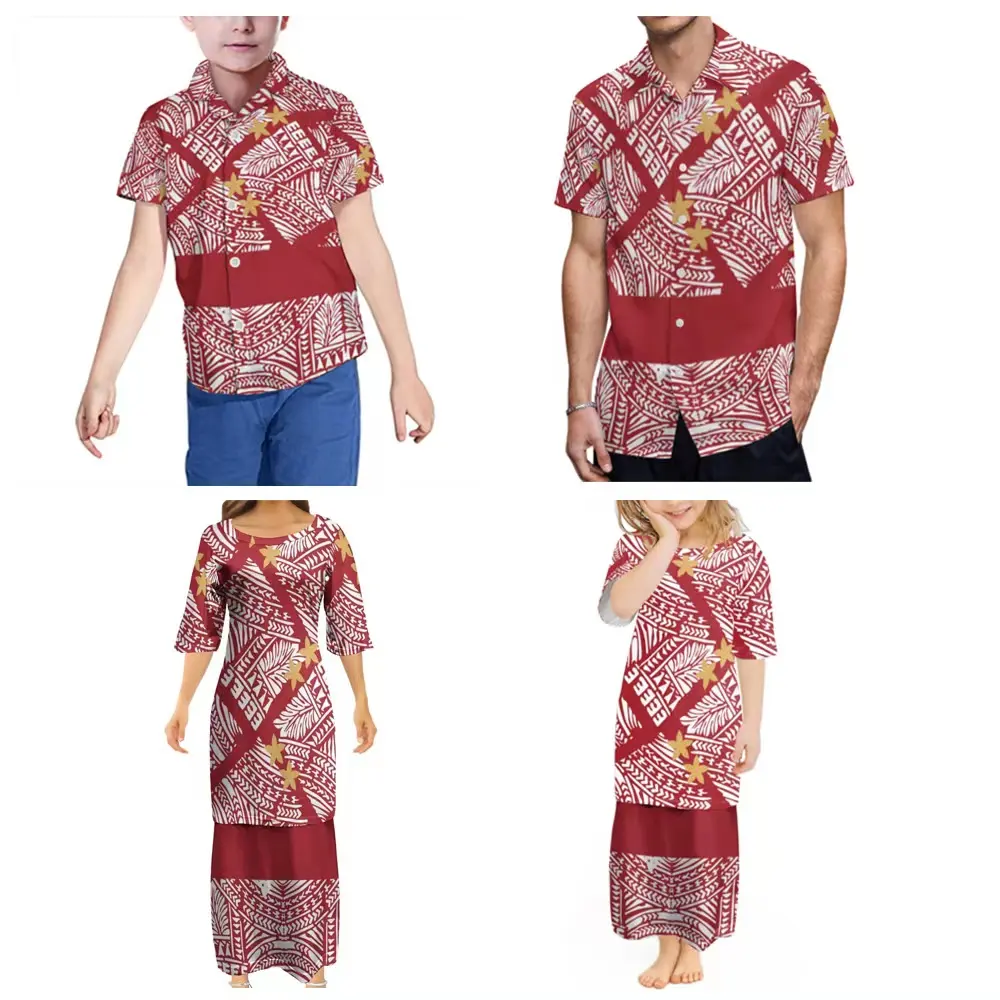 New Wholesale Custom Polynesian Elei Tribal Design Family Matching Set Clothing Boutique Kids Clothes Samoa Puletasi Girls Dress