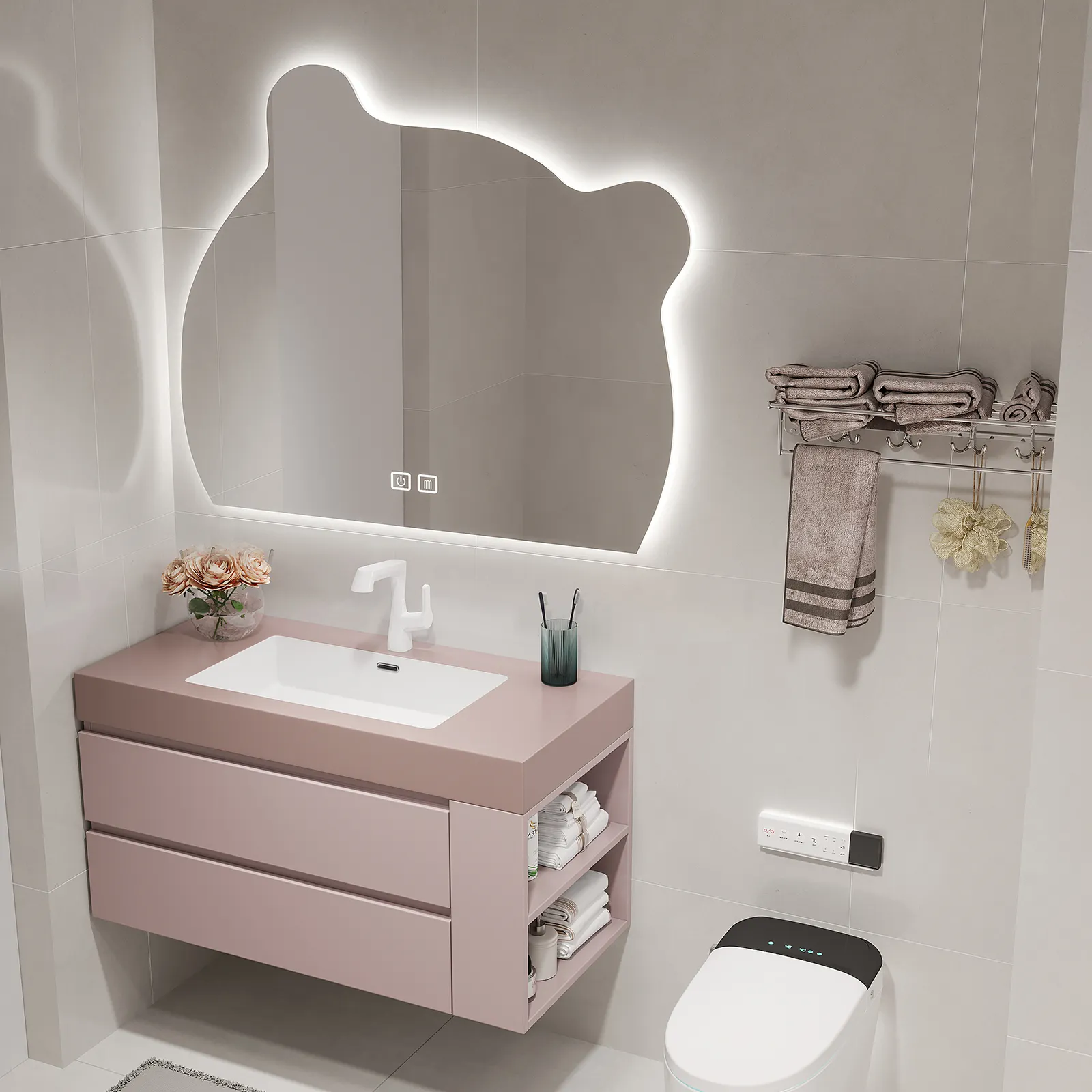 Piatto di roccia senza cuciture lavabo integrato mobiletto del bagno mobiletto del lavabo in legno massello moderno rosa