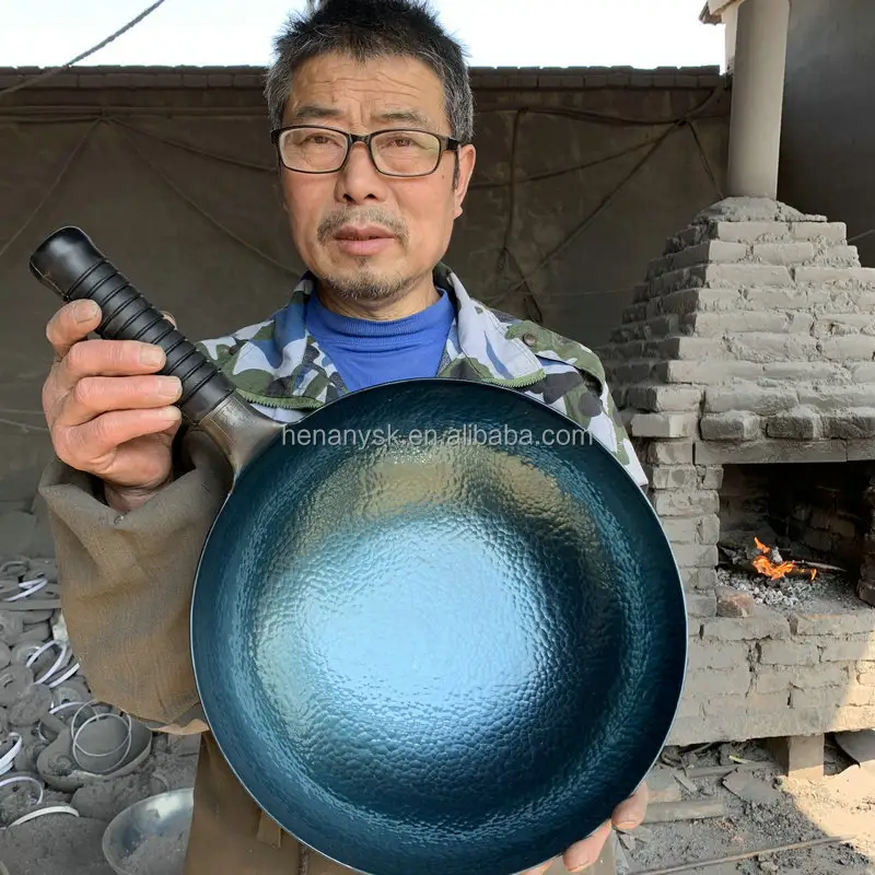 Zhangqiu yüksek dereceli kızartma tavaları el yapımı yuvarlak tabanlı Pot ahşap kapaklı ve fırça yapışmaz demir tava olmadan kaplama
