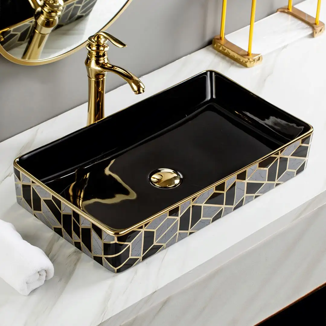 Fregaderos de baño con diseños de arte a mano, lavabo moderno rectangular de cerámica negro, lavabo de encimera
