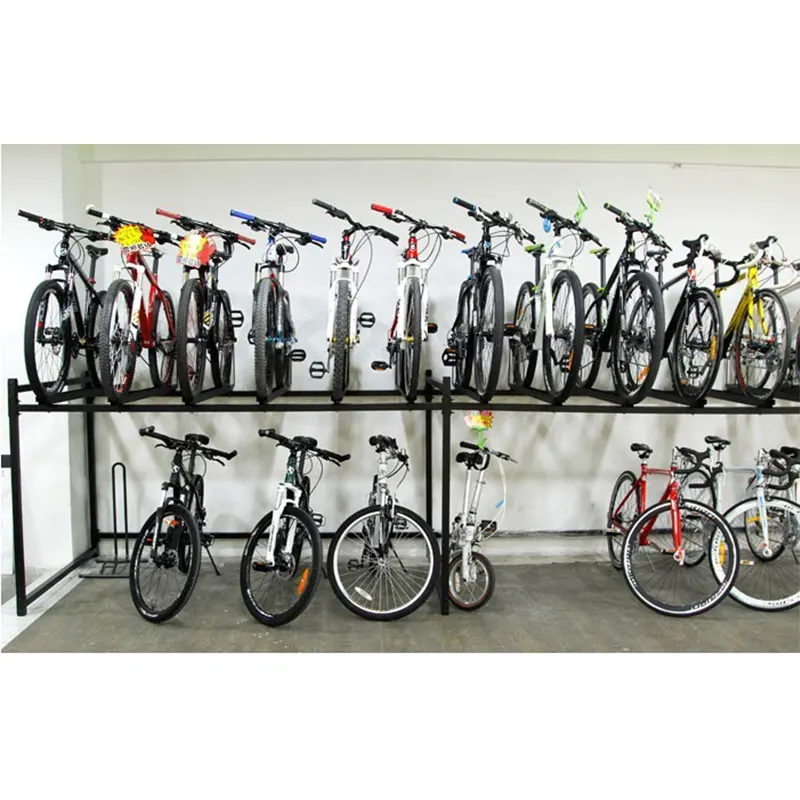 Espositore per vendita al dettaglio garage esterno in piedi parcheggio domestico in metallo supporto per bici doppio ponte portabici verticale a due livelli montato a pavimento