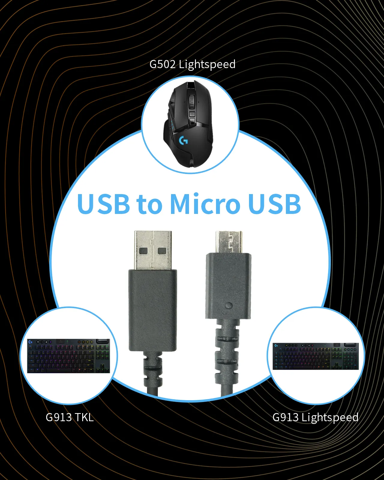 כבל טעינת USB מקורי של לוג'טיק לעכבר גיימינג אלחוטי במהירות אור G502/G913 מקלדת TKL USB למיקרו USB (שחור)