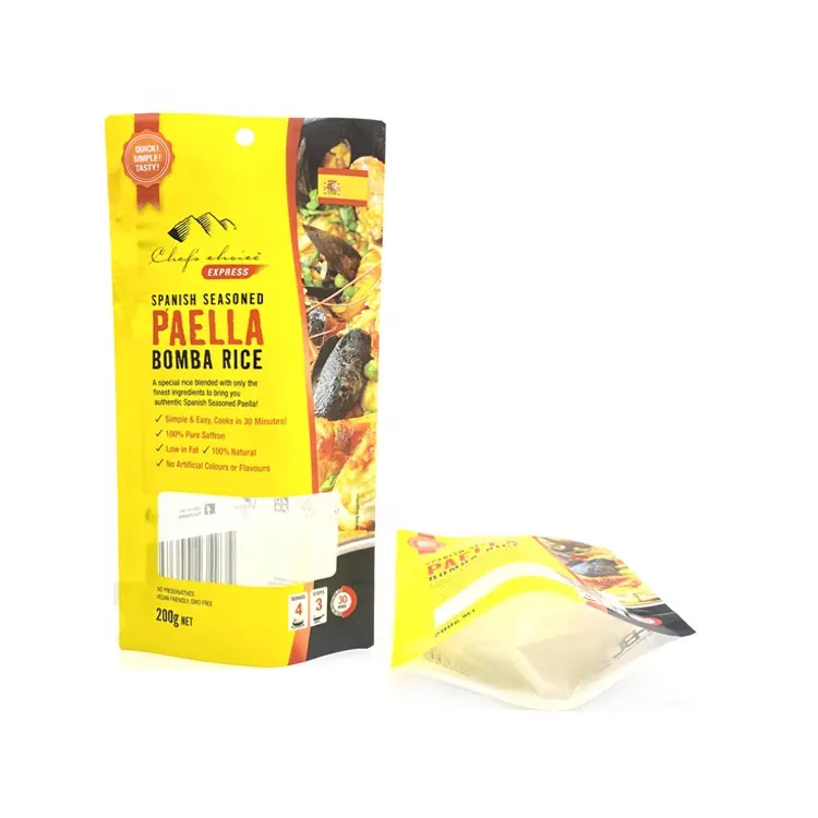 Barato impresión personalizada de grado alimenticio 100g vacío Stand Up doypack bolsa de plástico 200g paella arroz bolsa de embalaje